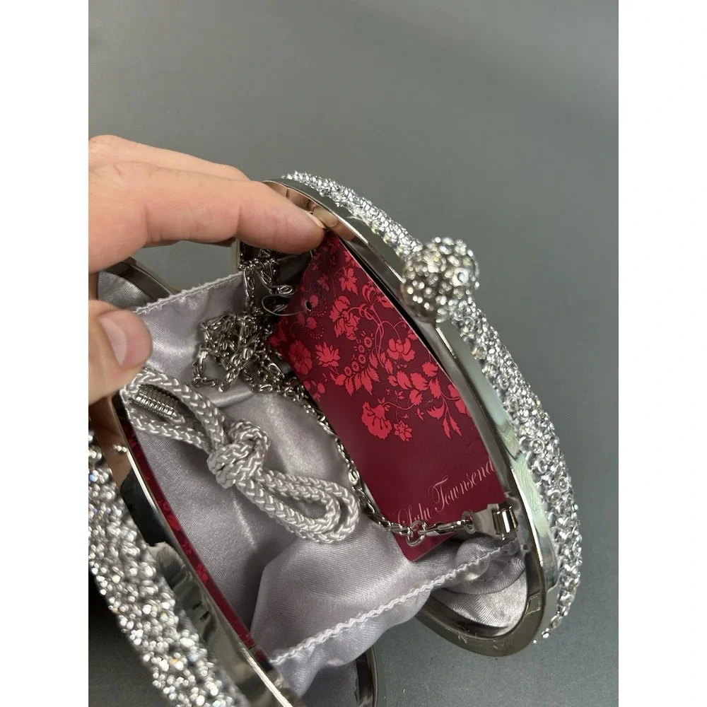 Lulu Townsend Silver Crystal Rhinestone Oval Evening Clutch Purse Chain NWT